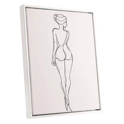 Poised in Line, black, beige minimalist wall art shown as a white framed canvas wall art