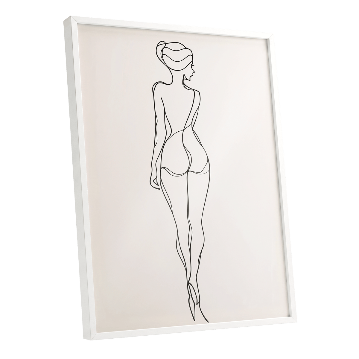 Poised in Line: white-framed minimalist line drawing of a graceful feminine figure viewed from behind, rendered in fine black contours on soft warm beige.