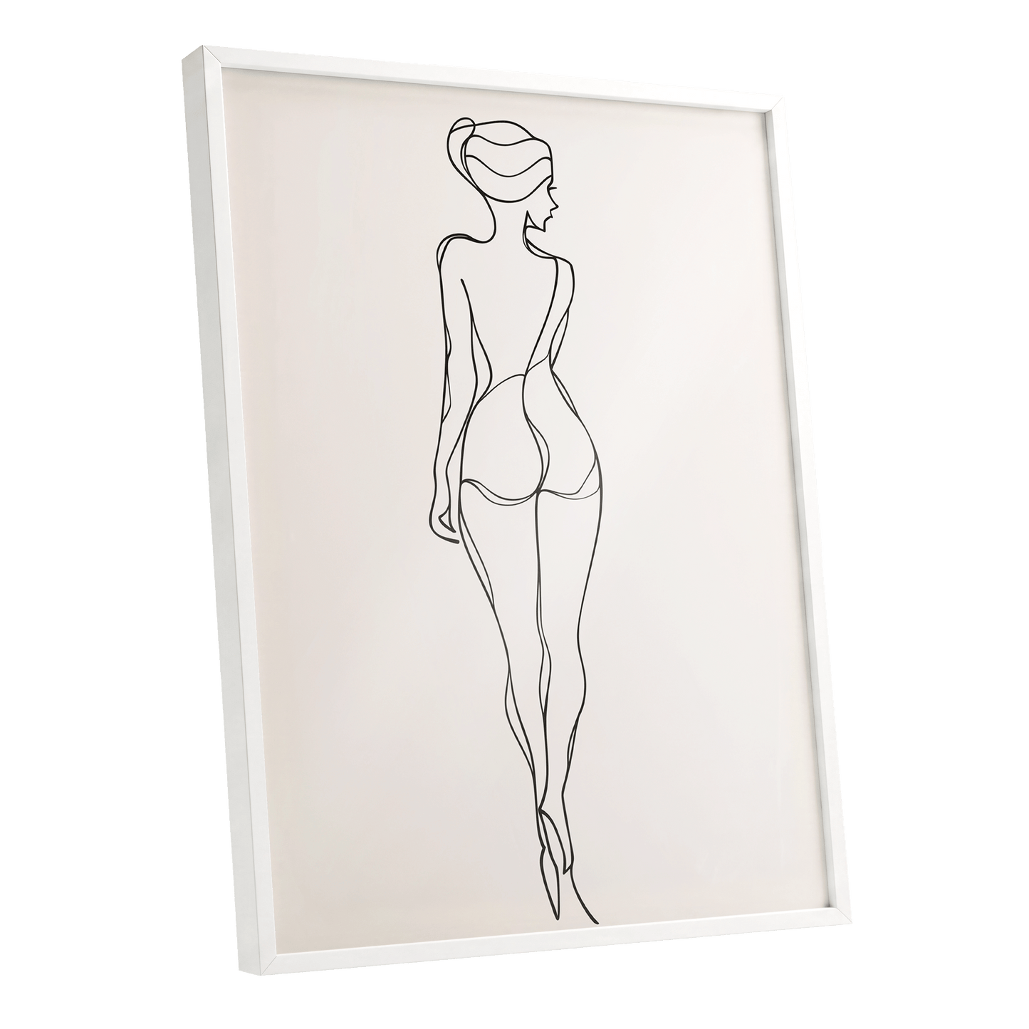 Poised in Line, black, beige minimalist wall art shown as a white framed poster wall art print