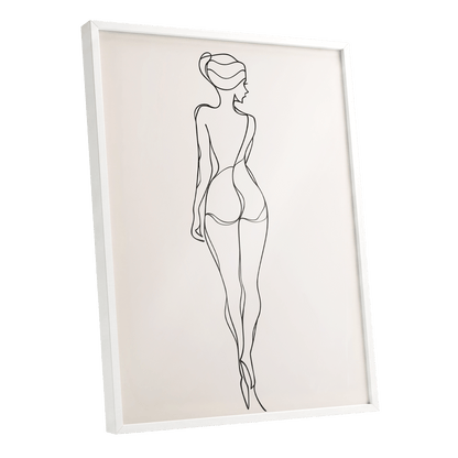 Poised in Line, black, beige minimalist wall art shown as a white framed poster wall art print