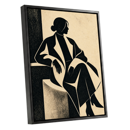 Poised in Profile, black, beige, gray minimalist wall art shown as a black framed canvas wall art