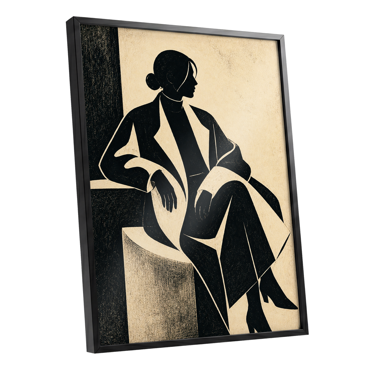 Poised in Profile, black, beige, gray minimalist wall art shown as a black framed poster wall art print