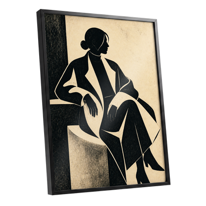 Poised in Profile, black, beige, gray minimalist wall art shown as a black framed poster wall art print