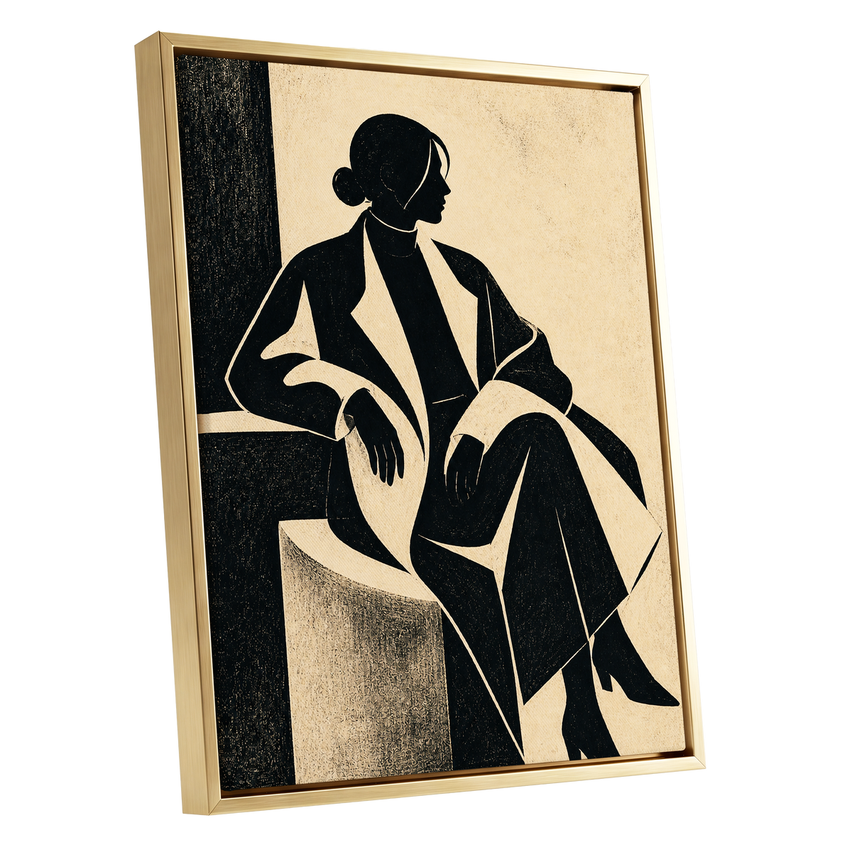 Poised in Profile, black, beige, gray minimalist wall art shown as a gold framed canvas wall art