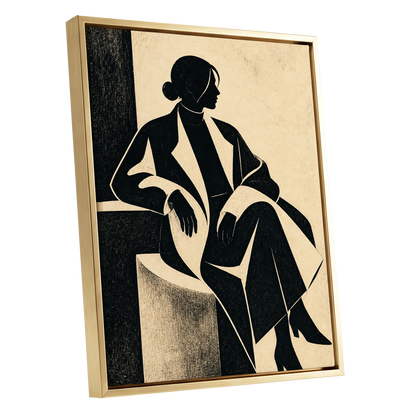 Poised in Profile, black, beige, gray minimalist wall art shown as a gold framed canvas wall art