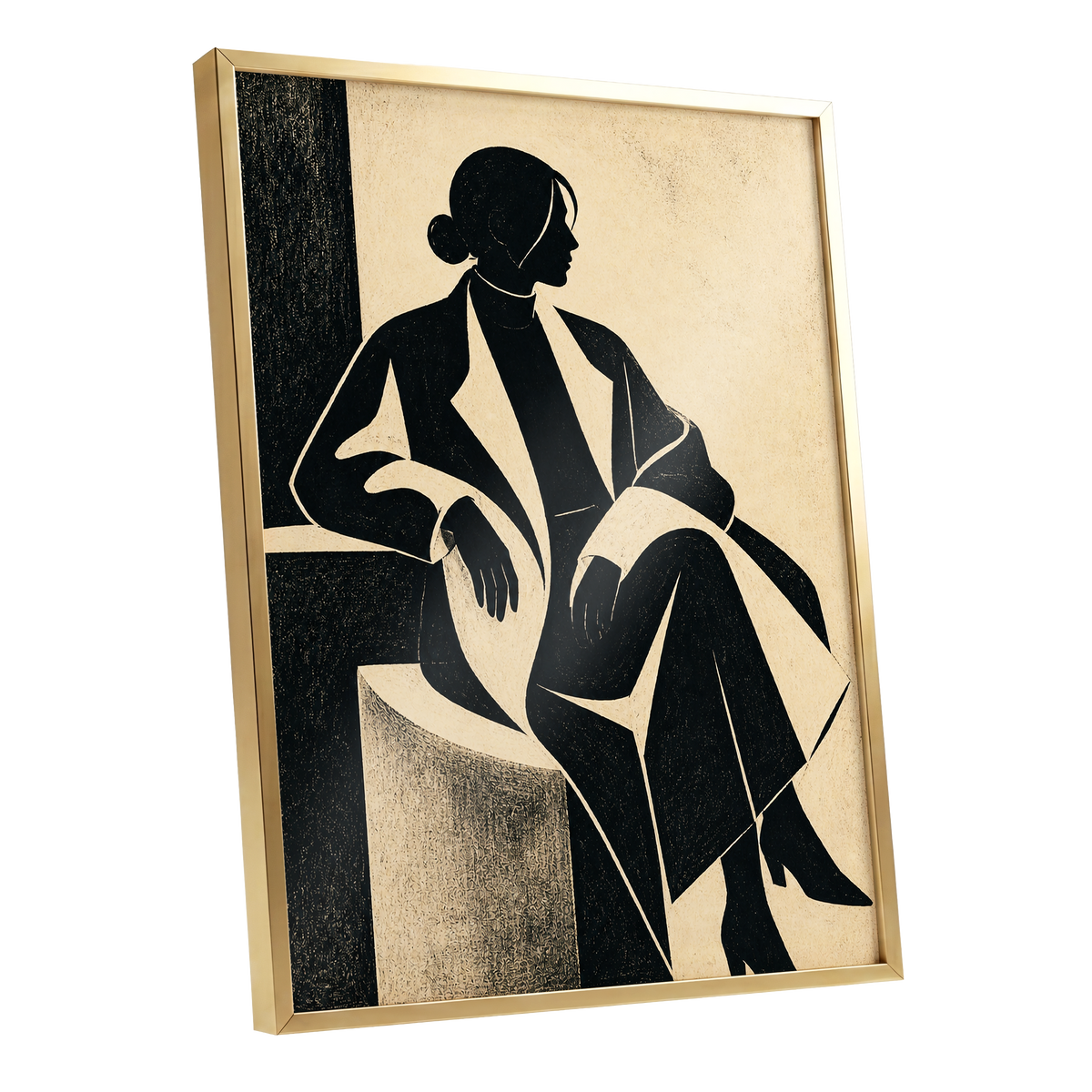 Poised in Profile, black, beige, gray minimalist wall art shown as a gold framed poster wall art print