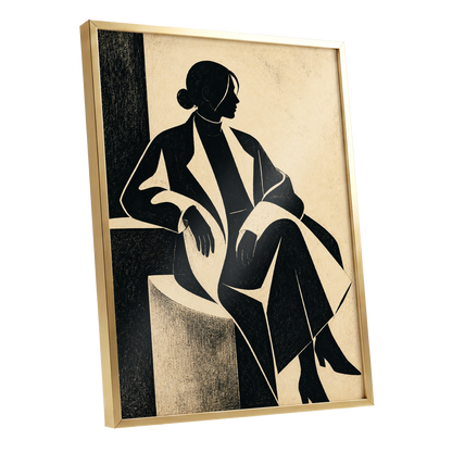 Poised in Profile, black, beige, gray minimalist wall art shown as a gold framed poster wall art print