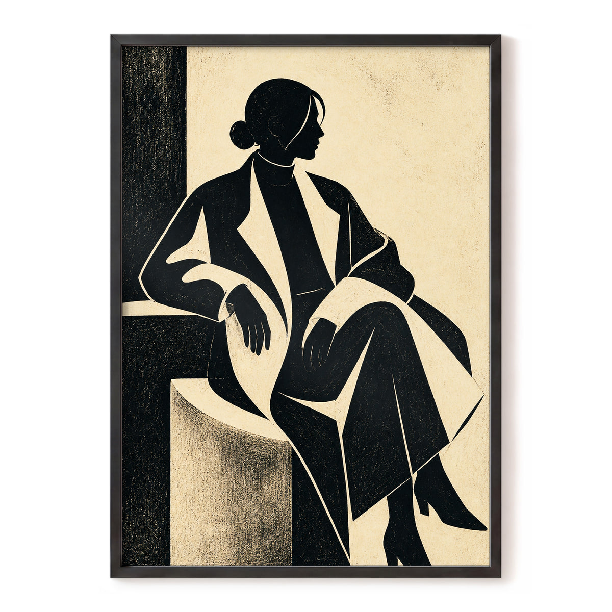 Poised in Profile, black, beige, gray minimalist wall art, front artwork view