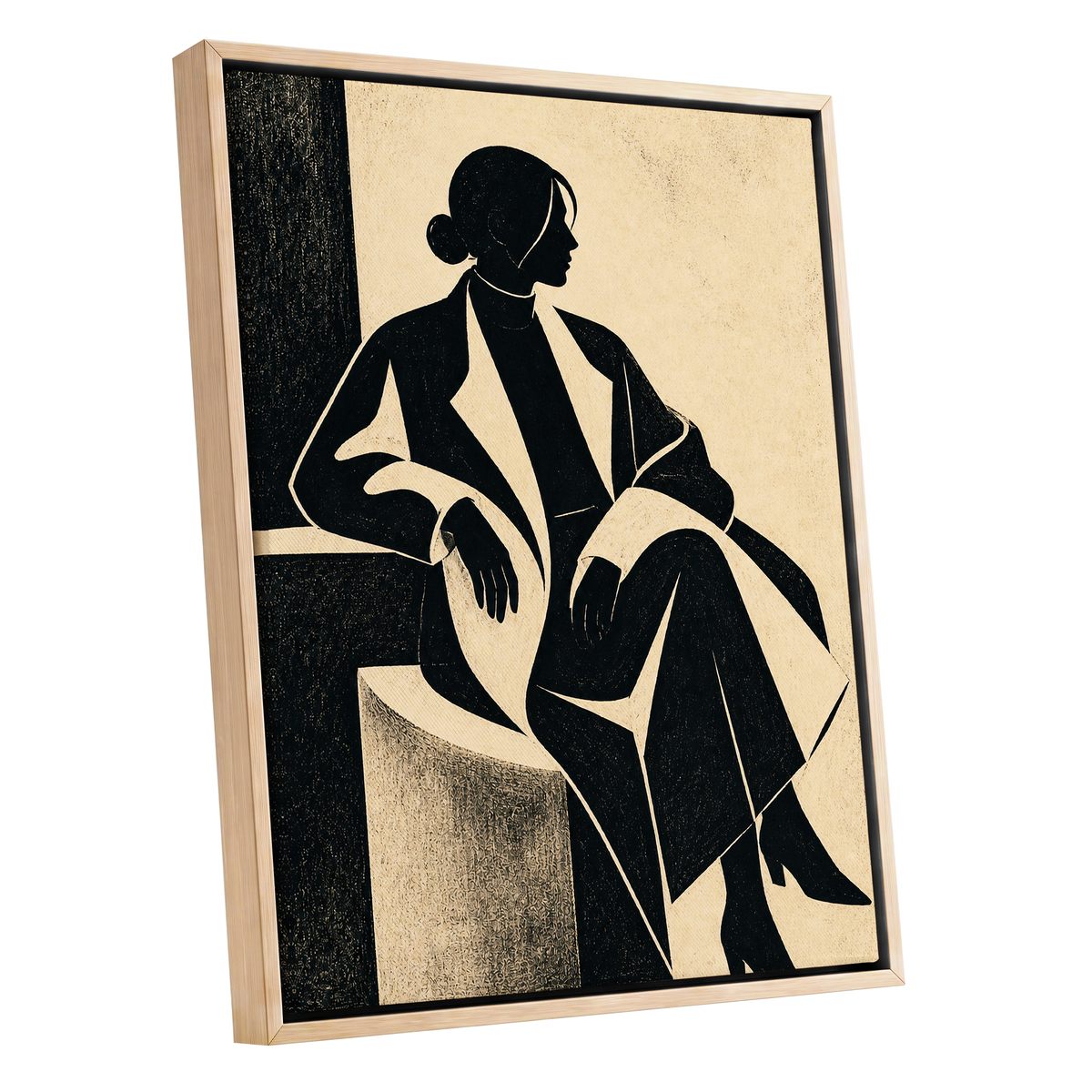 Poised in Profile, black, beige, gray minimalist wall art shown as a oak framed canvas wall art