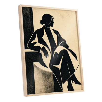 Poised in Profile, black, beige, gray minimalist wall art shown as a oak framed poster wall art print