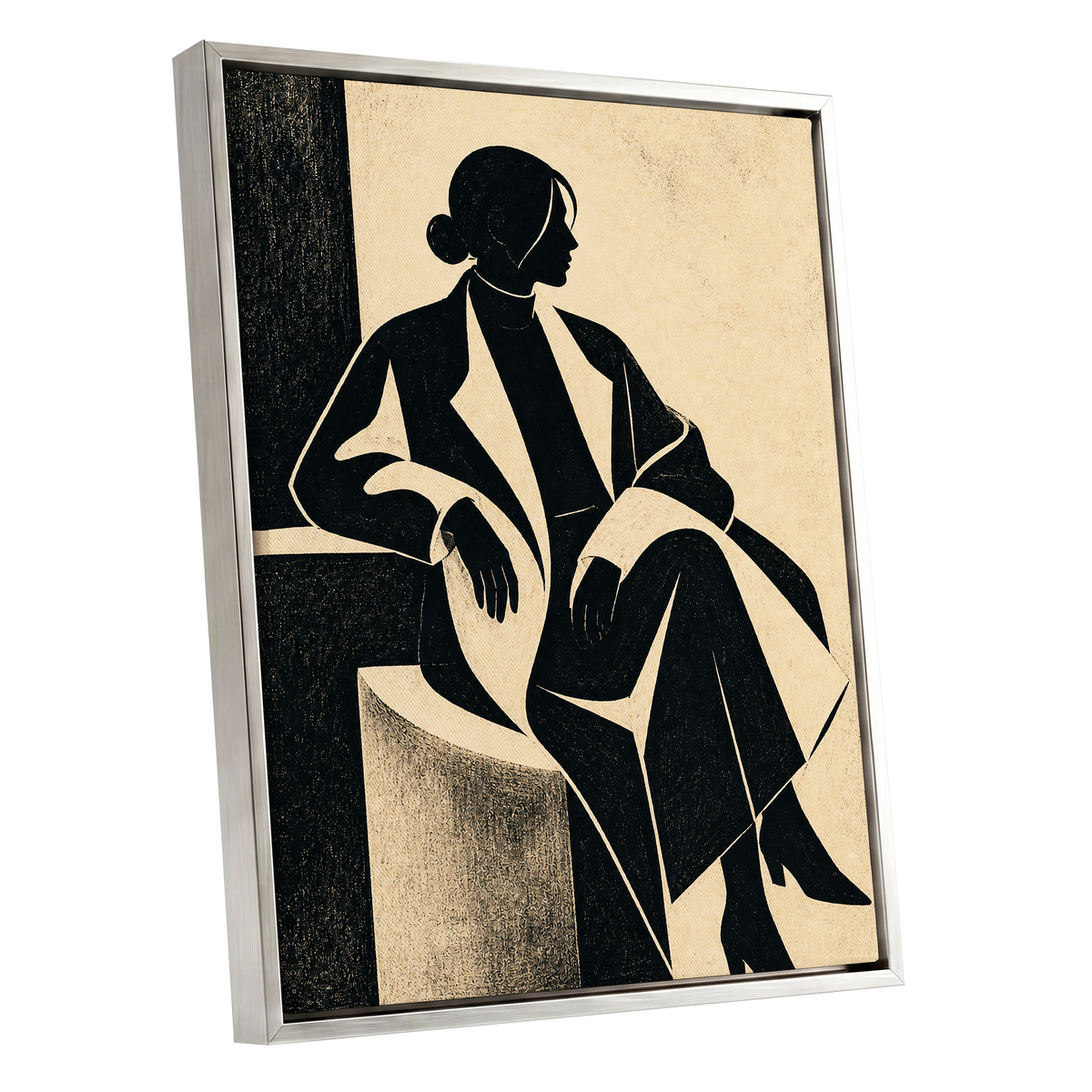 Poised in Profile, black, beige, gray minimalist wall art shown as a silver framed canvas wall art
