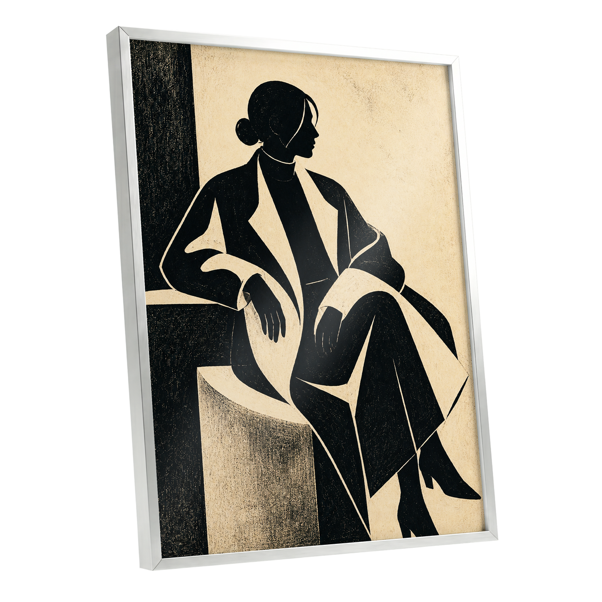 Poised in Profile, black, beige, gray minimalist wall art shown as a silver framed poster wall art print