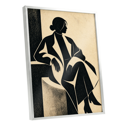 Poised in Profile, black, beige, gray minimalist wall art shown as a silver framed poster wall art print