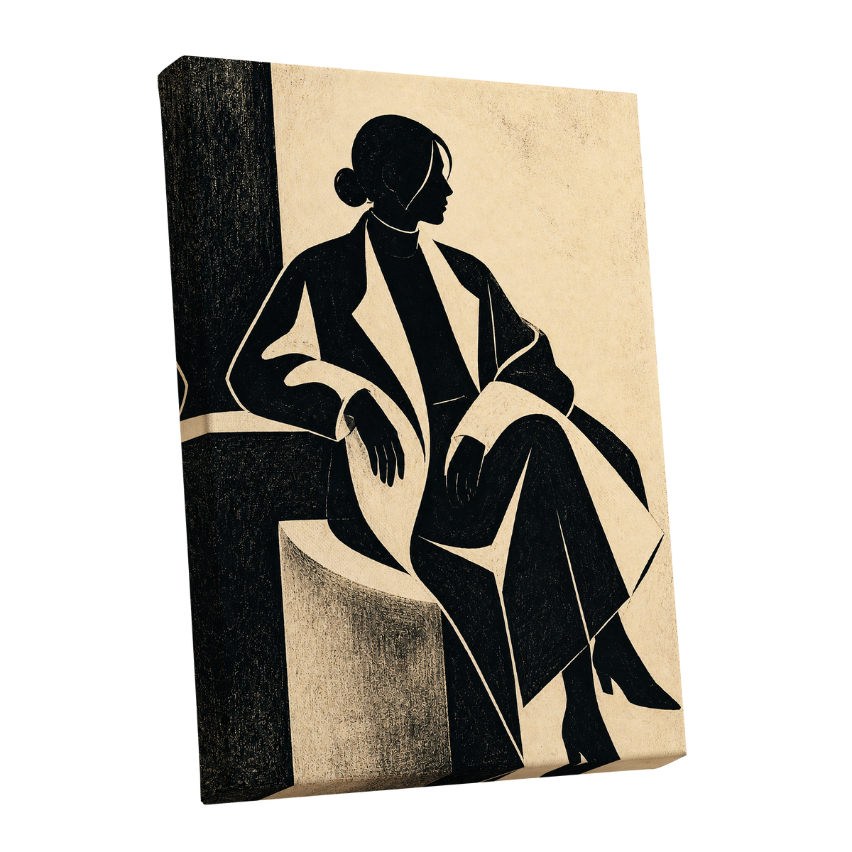 Poised in Profile, black, beige, gray minimalist wall art shown as a stretched canvas wall art