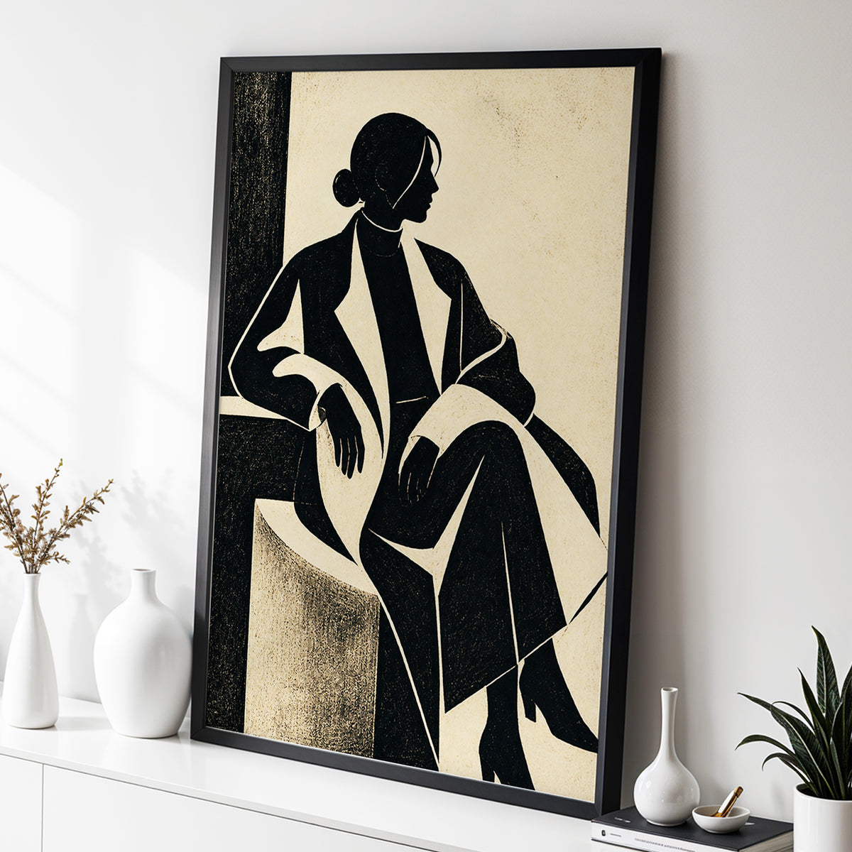 Poised in Profile, black, beige, gray minimalist wall art displayed in a styled interior, gallery view 2