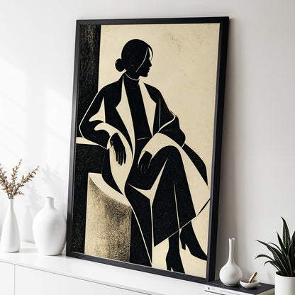 Poised in Profile, black, beige, gray minimalist wall art displayed in a styled interior, gallery view 2