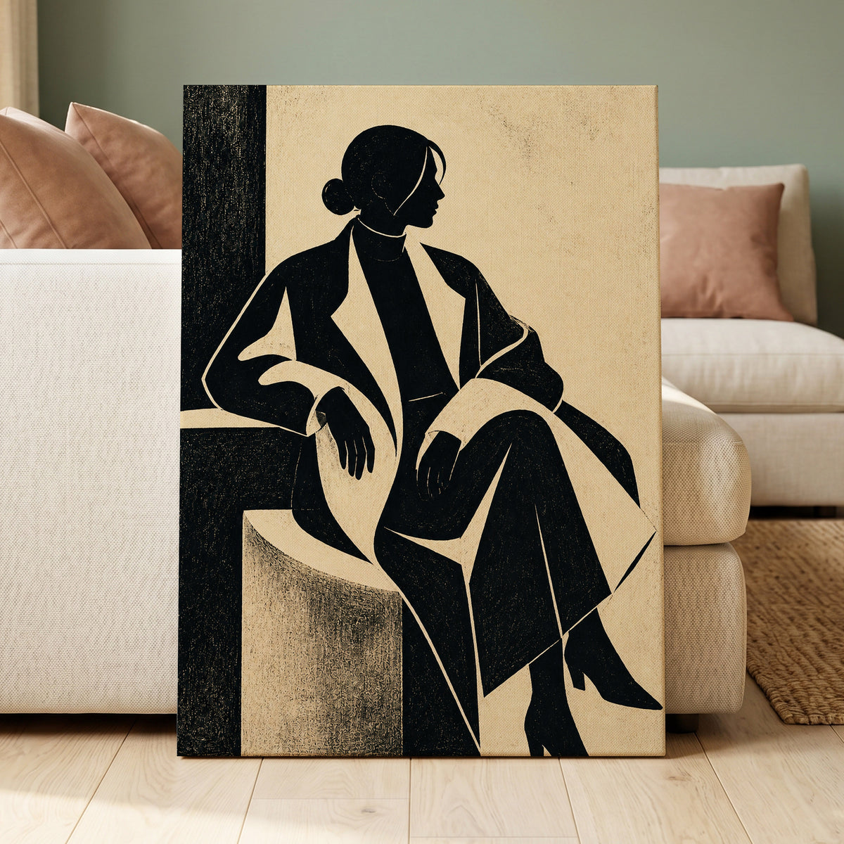 Poised in Profile, black, beige, gray minimalist wall art displayed in a styled interior, gallery view 3