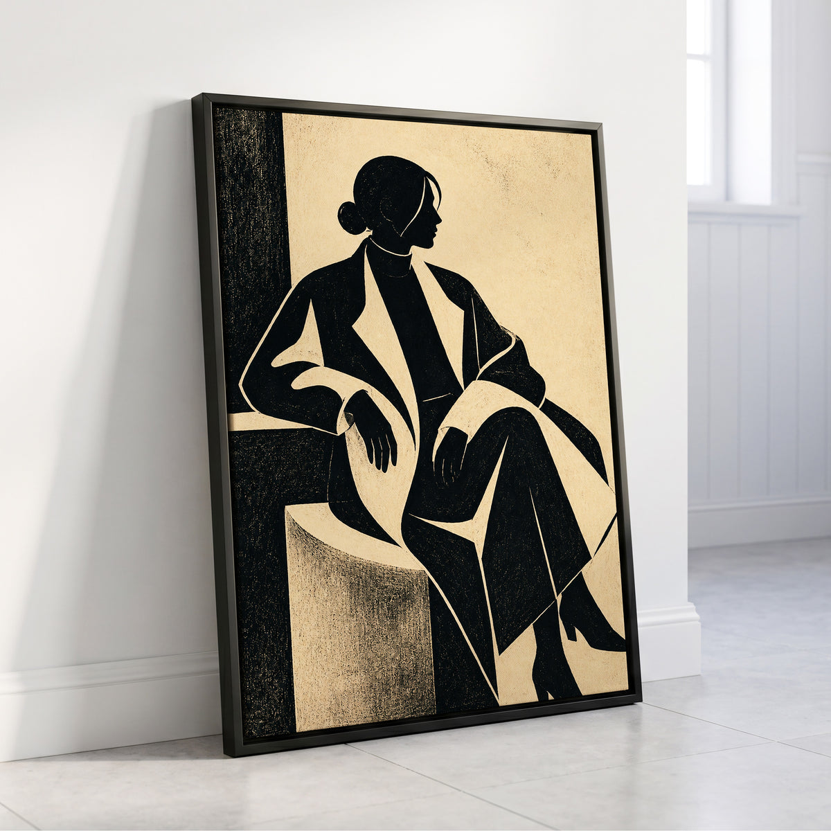 Poised in Profile, black, beige, gray minimalist wall art displayed in a styled interior, gallery view 4