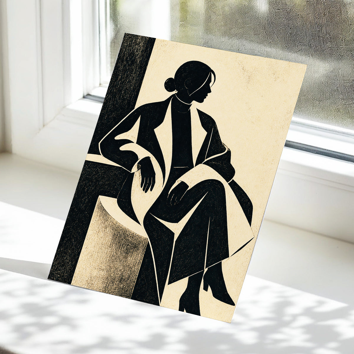 Poised in Profile, black, beige, gray minimalist wall art displayed in a styled interior, gallery view 5