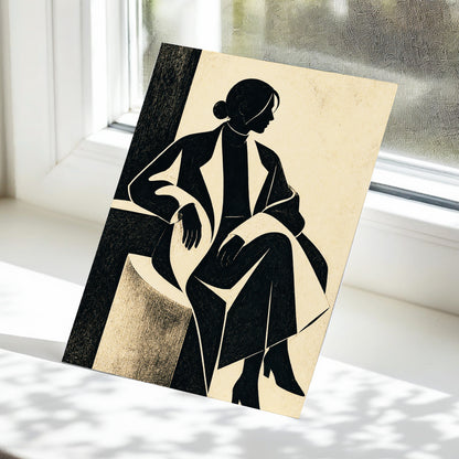 Poised in Profile, black, beige, gray minimalist wall art displayed in a styled interior, gallery view 5