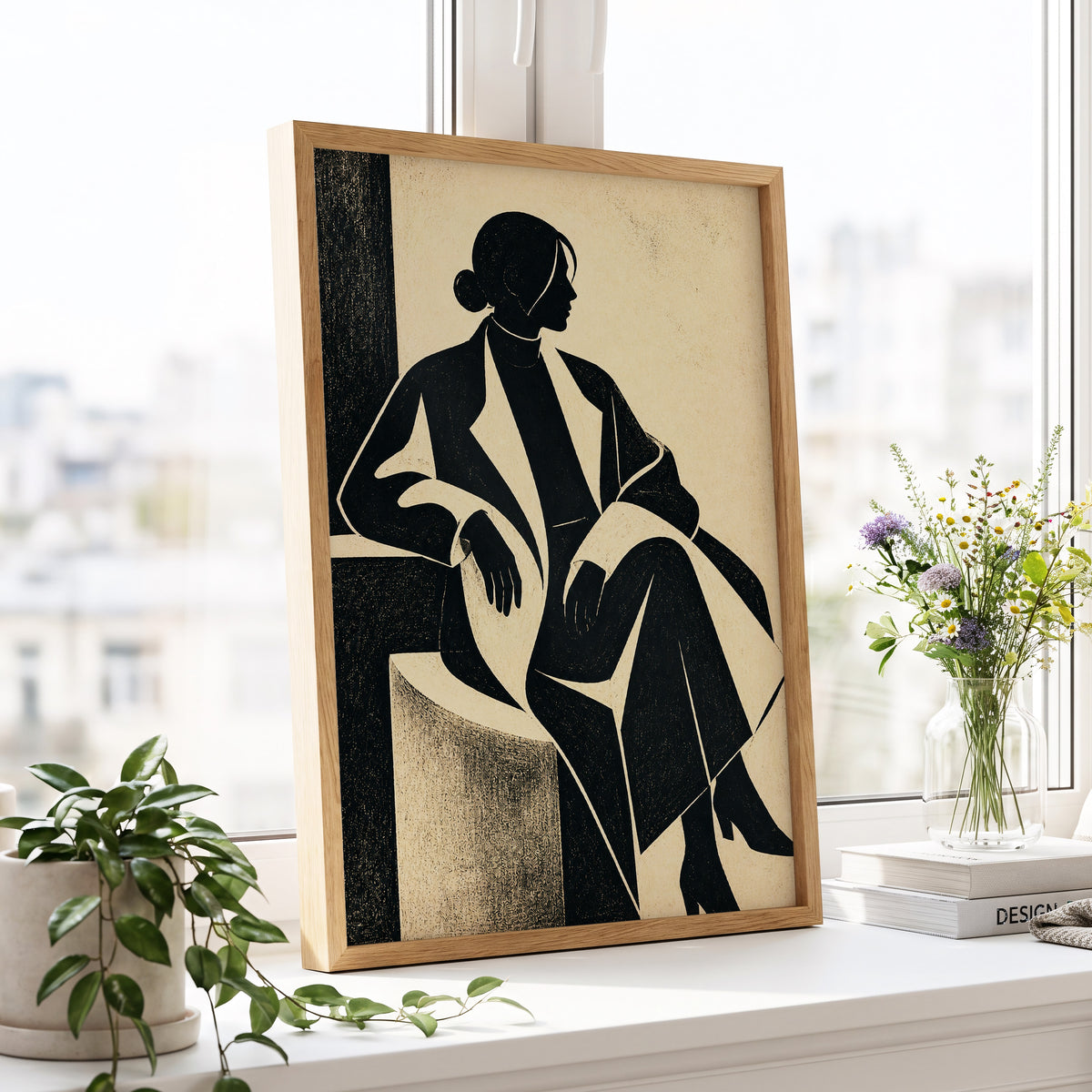 Poised in Profile, black, beige, gray minimalist wall art displayed in a styled interior, gallery view 6