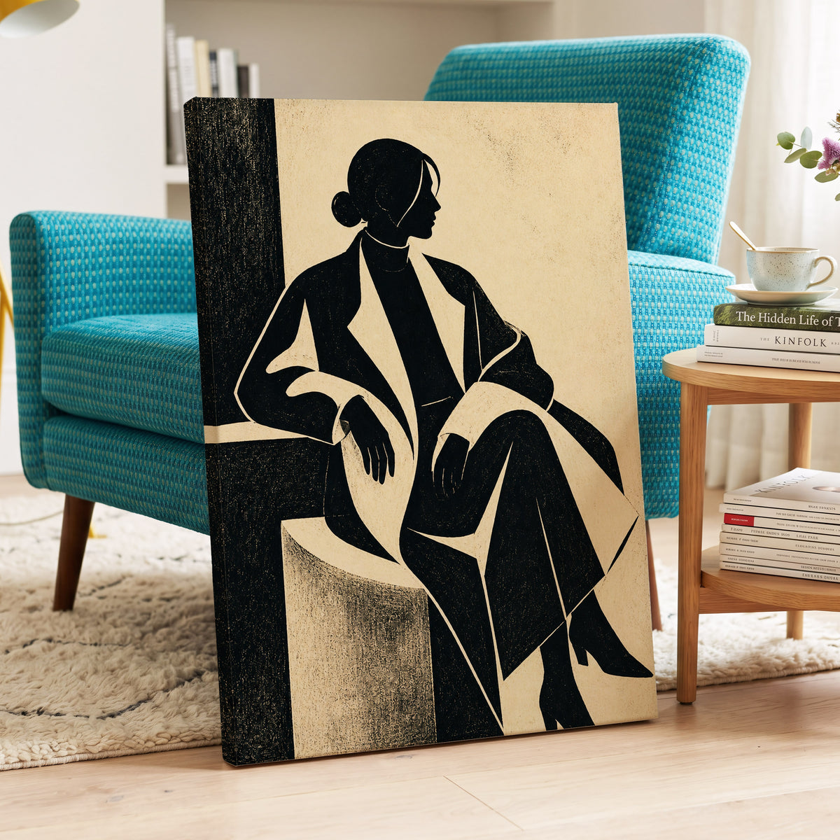 Poised in Profile, black, beige, gray minimalist wall art displayed in a styled interior, gallery view 7