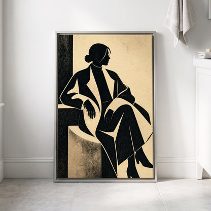 Poised in Profile, black, beige, gray minimalist wall art displayed in a styled interior, gallery view 8