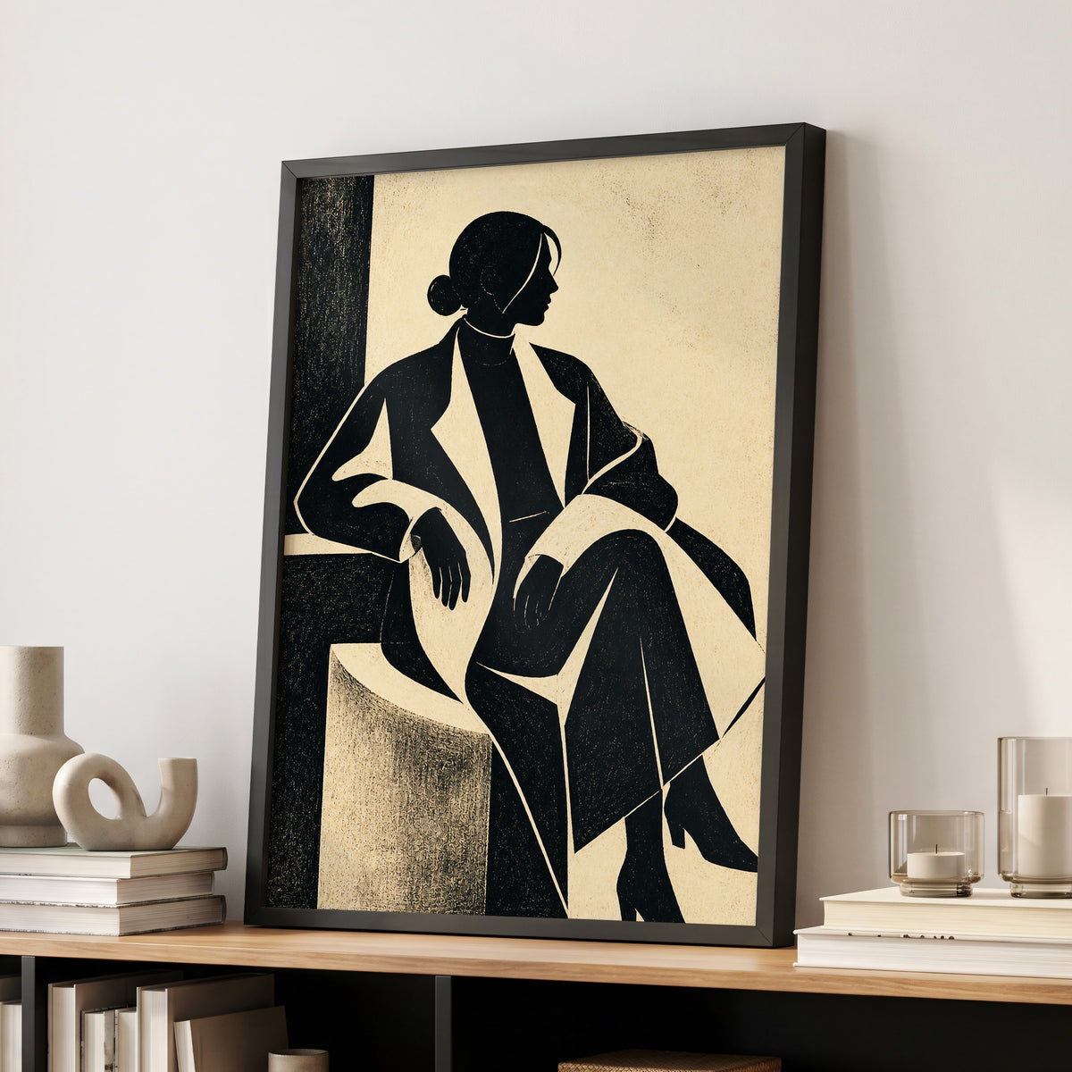 Poised in Profile, black, beige, gray minimalist wall art displayed in a styled interior, gallery view 9