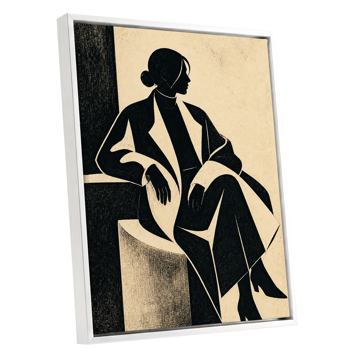 Poised in Profile, black, beige, gray minimalist wall art shown as a white framed canvas wall art
