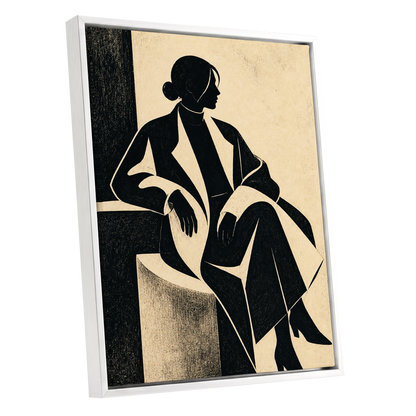 Poised in Profile, black, beige, gray minimalist wall art shown as a white framed canvas wall art