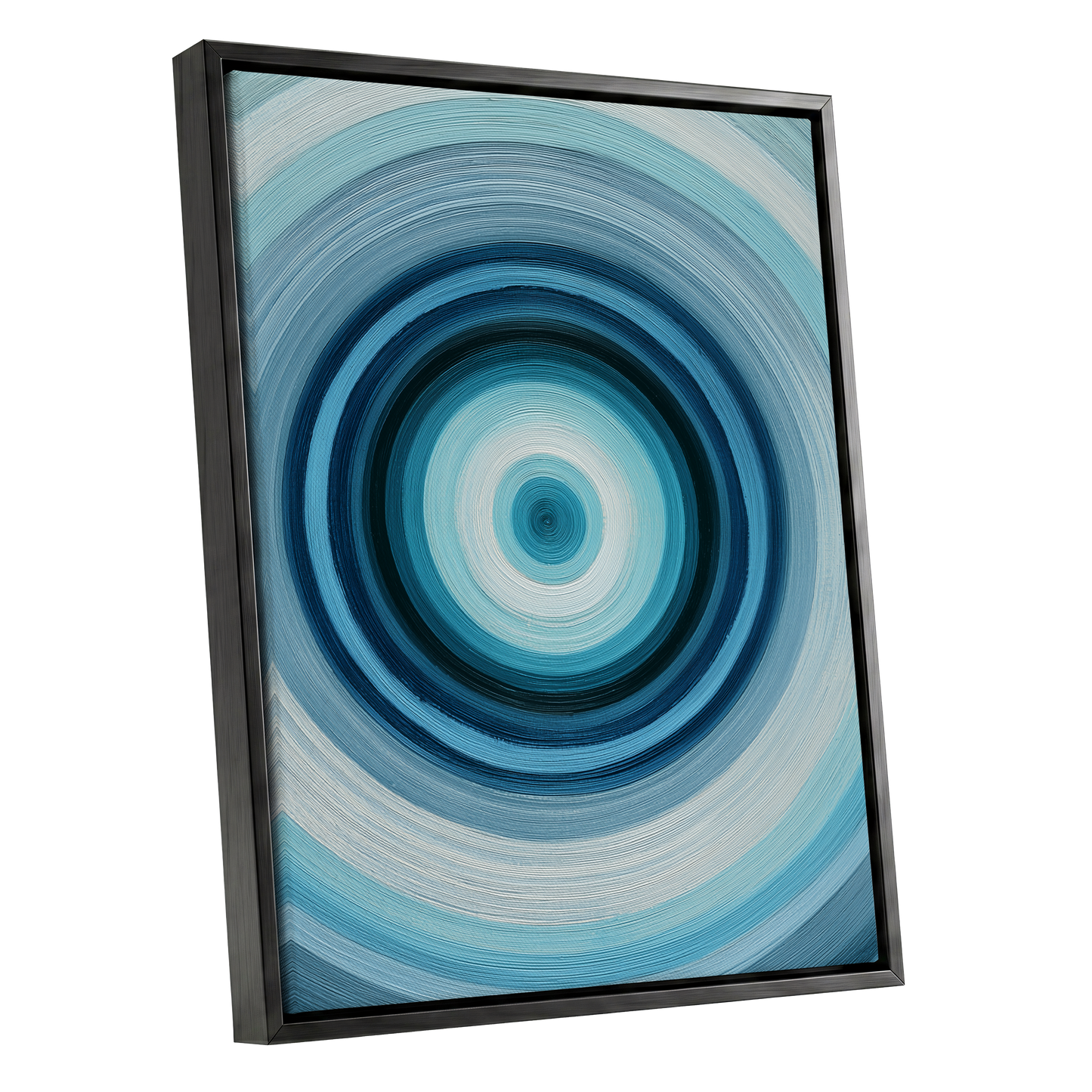 Polar Pulse, blue, gray, white abstract wall art shown as a black framed canvas wall art