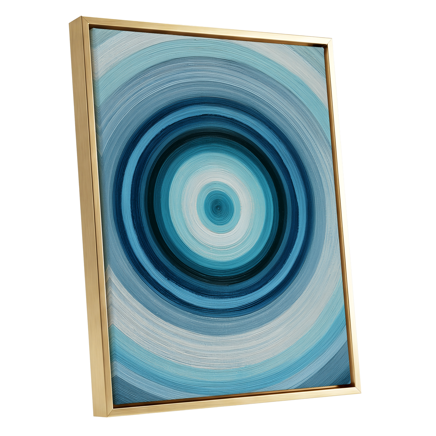 Polar Pulse, blue, gray, white abstract wall art shown as a gold framed canvas wall art
