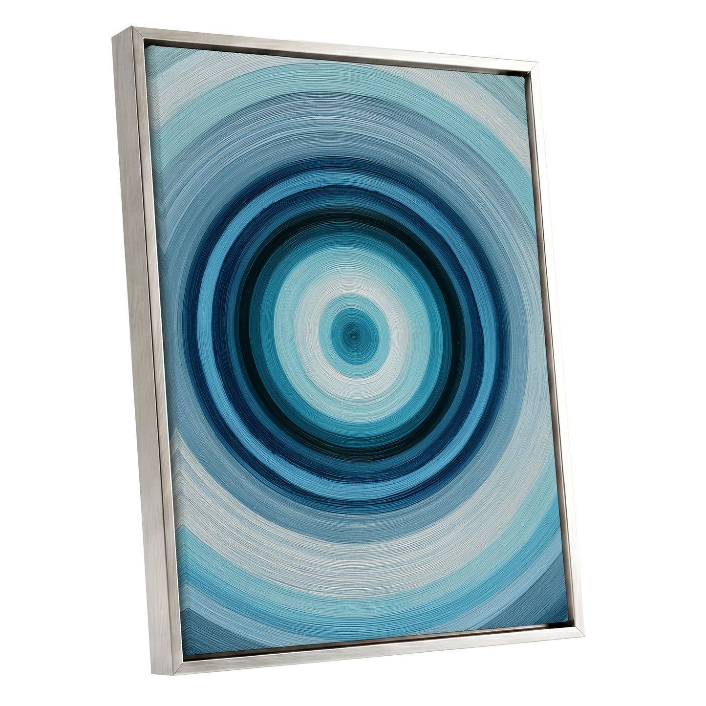 Polar Pulse, blue, gray, white abstract wall art shown as a silver framed canvas wall art