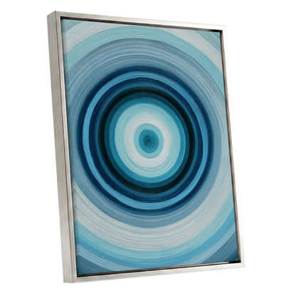 Polar Pulse, blue, gray, white abstract wall art shown as a silver framed canvas wall art