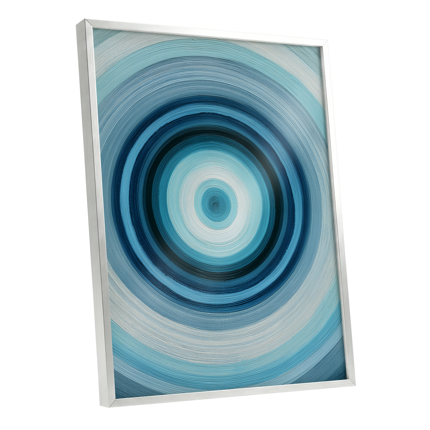 Polar Pulse, blue, gray, white abstract wall art shown as a silver framed poster wall art print