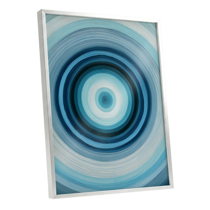 Polar Pulse, blue, gray, white abstract wall art shown as a silver framed poster wall art print