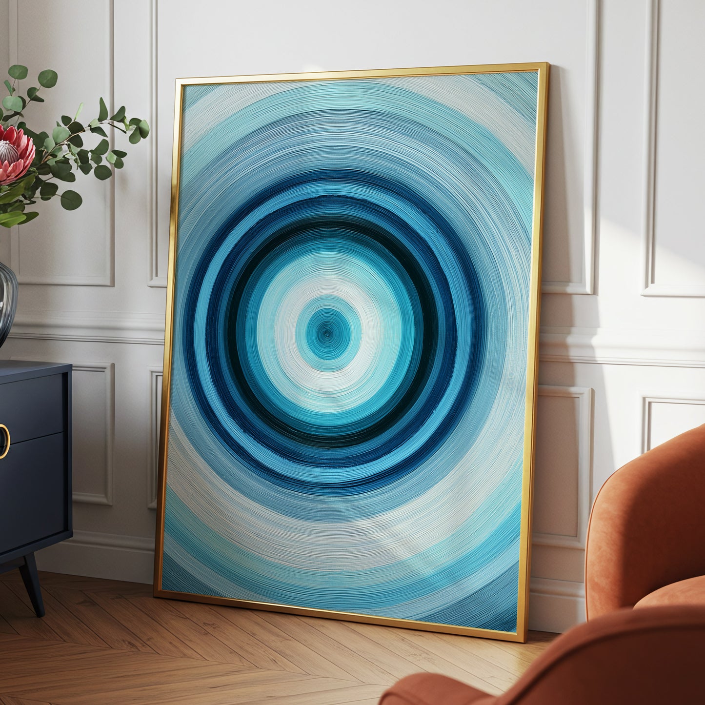 Polar Pulse, blue, gray, white abstract wall art displayed in a styled interior, gallery view 2