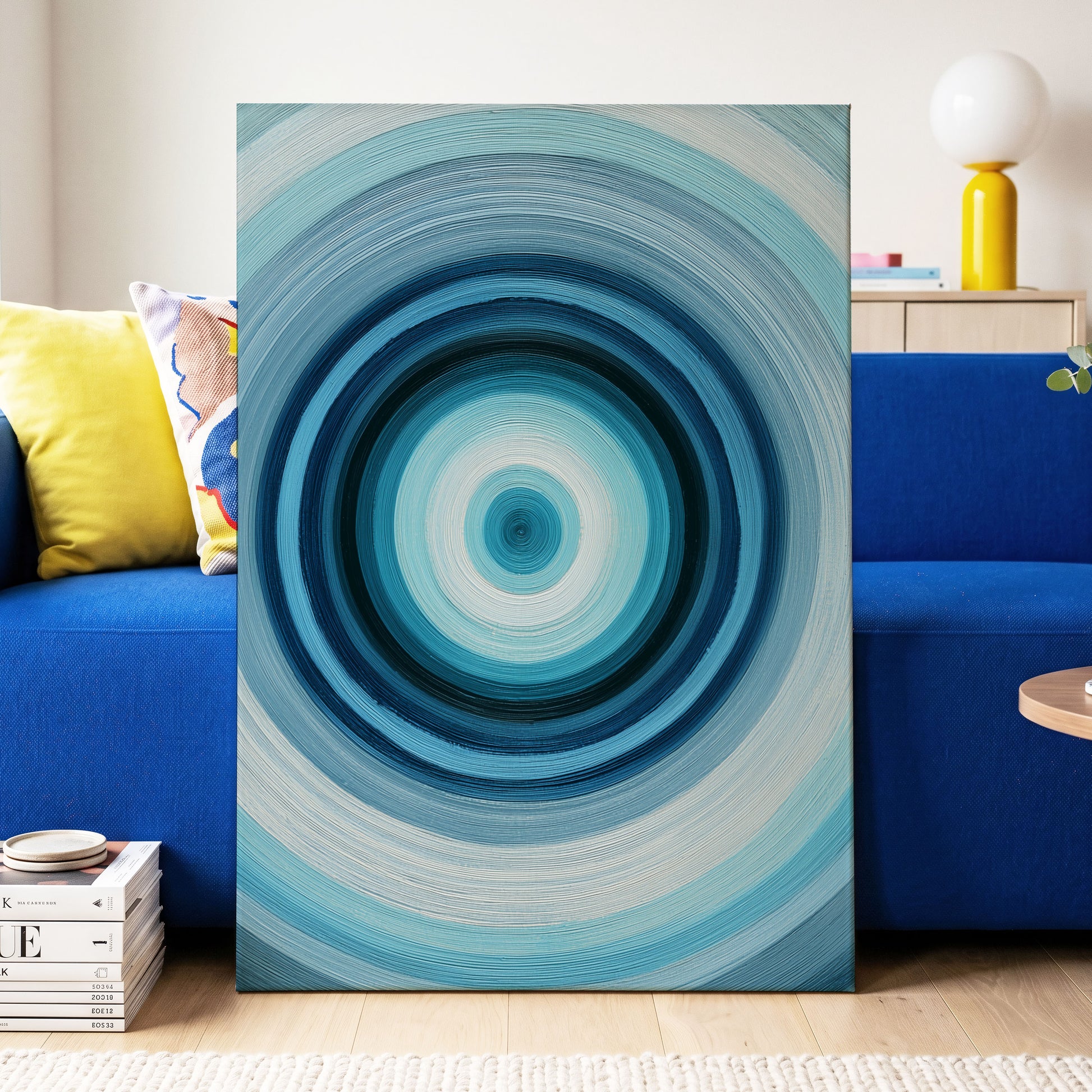 Polar Pulse, blue, gray, white abstract wall art displayed in a styled interior, gallery view 3
