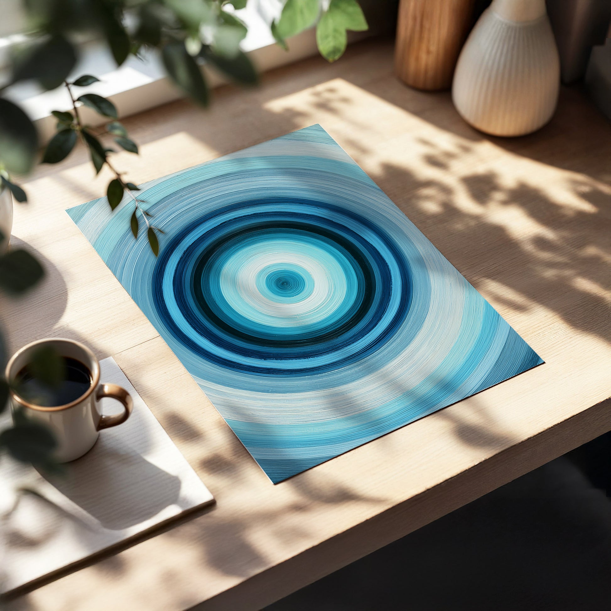 Polar Pulse, blue, gray, white abstract wall art displayed in a styled interior, gallery view 5
