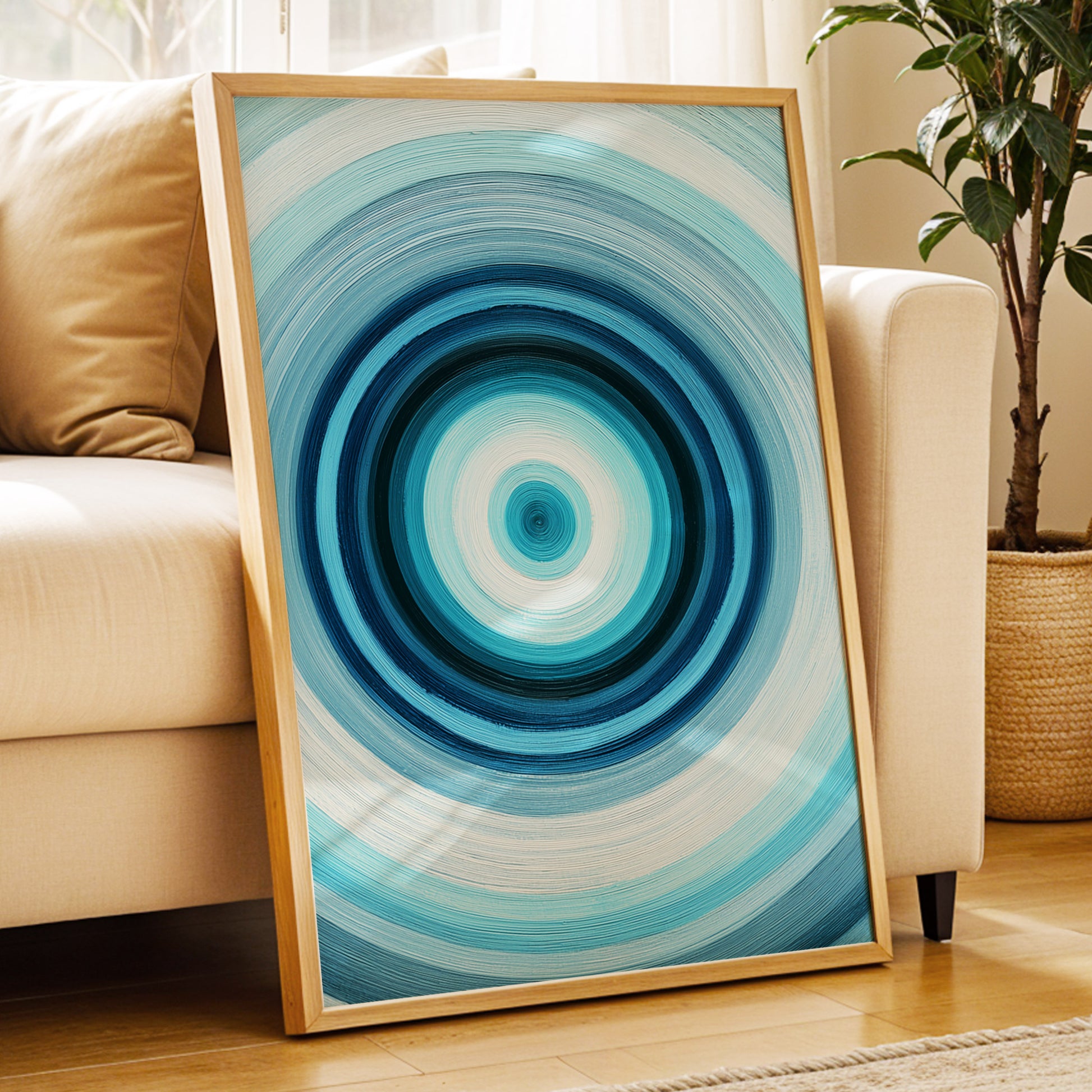 Polar Pulse, blue, gray, white abstract wall art displayed in a styled interior, gallery view 6