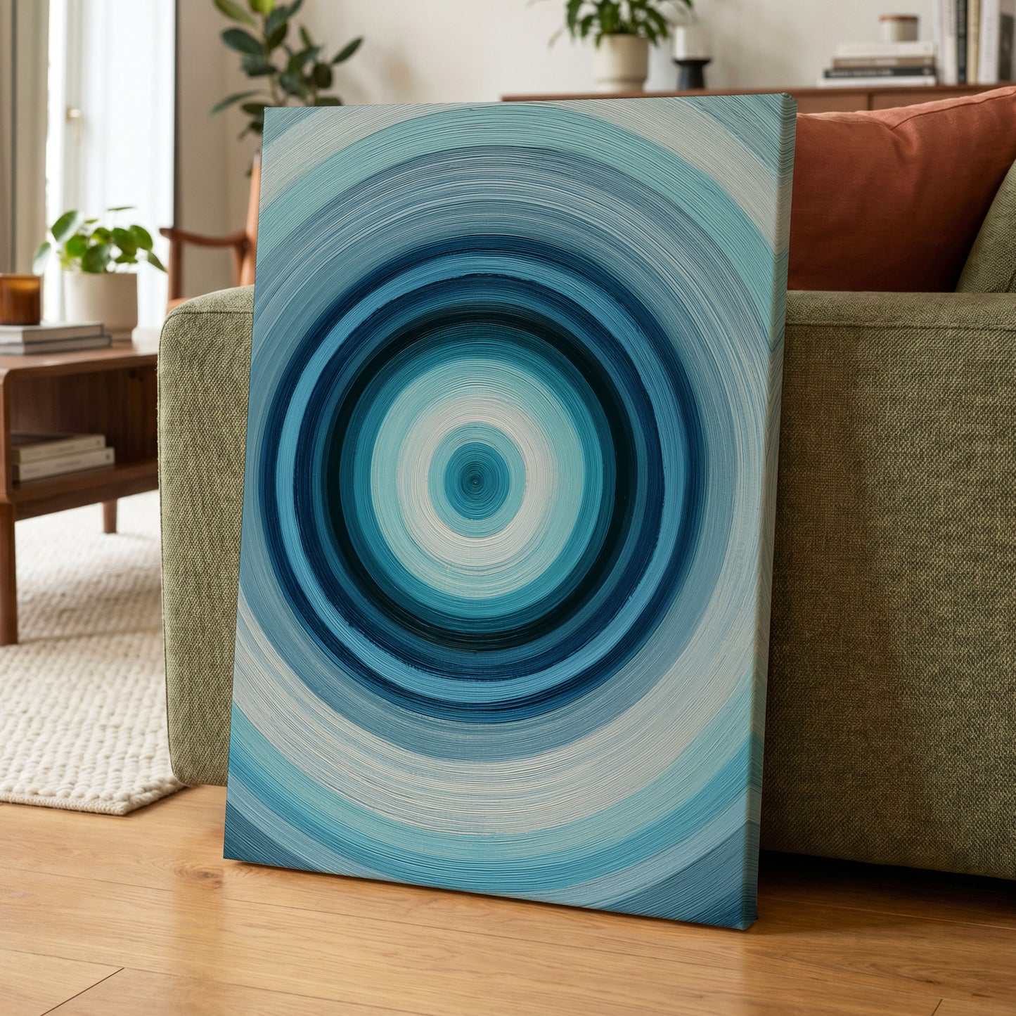 Polar Pulse, blue, gray, white abstract wall art displayed in a styled interior, gallery view 7