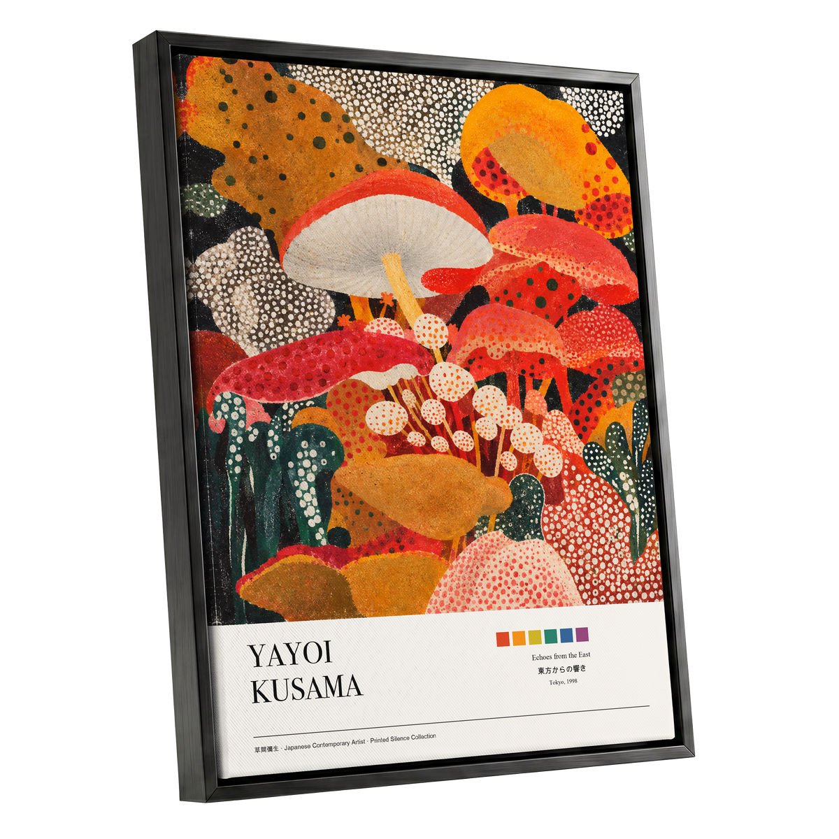Polka-Dot Fungi Forest, red, orange, green nature wall art shown as a black framed canvas wall art