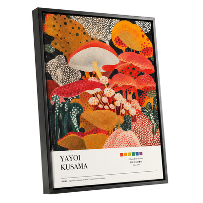 Polka-Dot Fungi Forest, red, orange, green nature wall art shown as a black framed canvas wall art