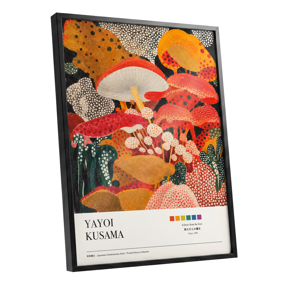 Polka-Dot Fungi Forest, red, orange, green nature wall art shown as a black framed poster wall art print