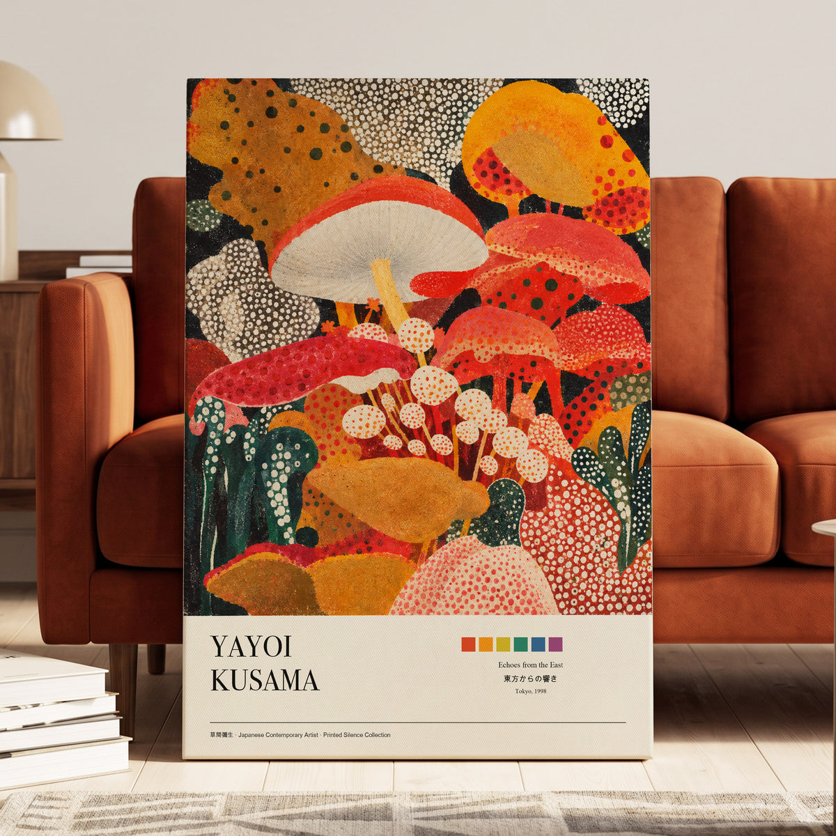 Polka-Dot Fungi Forest, red, orange, green nature wall art on canvas displayed in a styled interior, gallery view 1