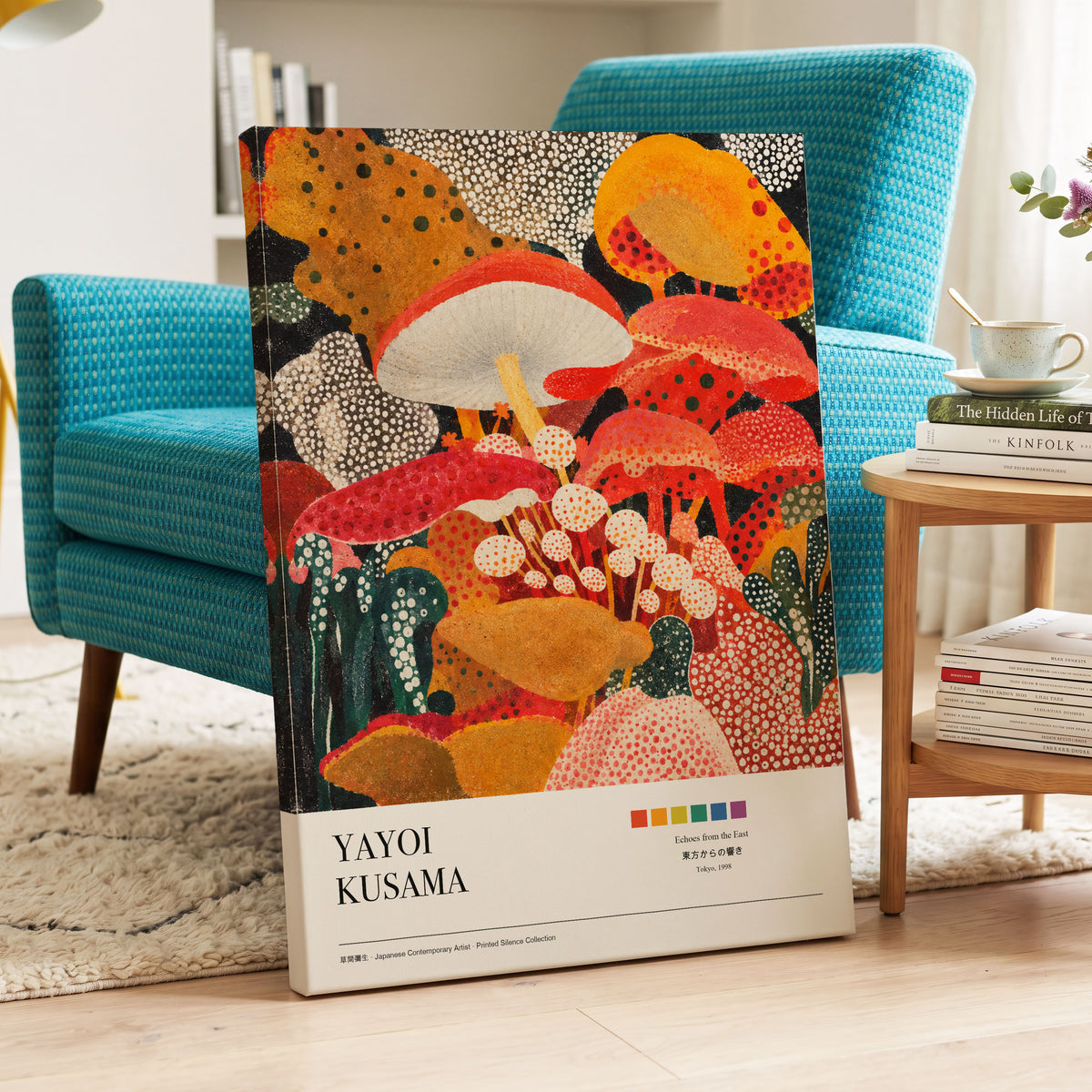 Polka-Dot Fungi Forest, red, orange, green nature wall art on canvas displayed in a styled interior, gallery view 2