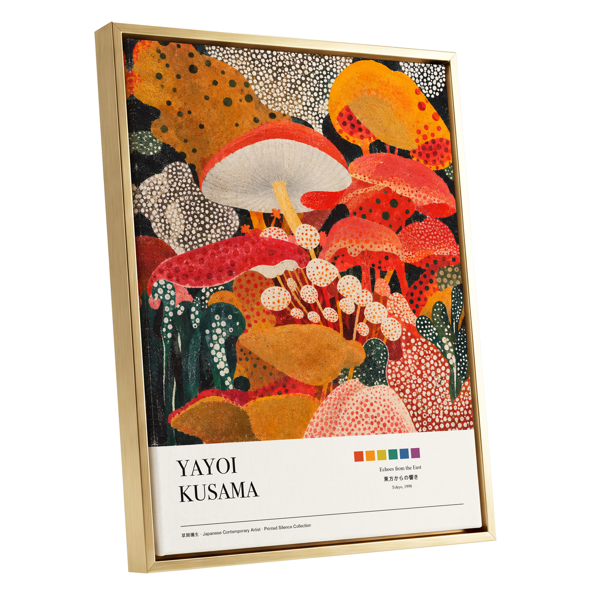 Polka-Dot Fungi Forest, red, orange, green nature wall art shown as a gold framed canvas wall art