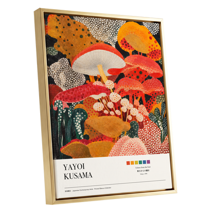Polka-Dot Fungi Forest, red, orange, green nature wall art shown as a gold framed canvas wall art