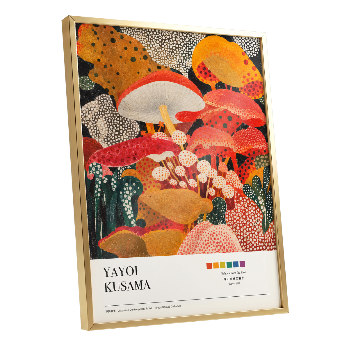 Polka-Dot Fungi Forest, red, orange, green nature wall art shown as a gold framed poster wall art print