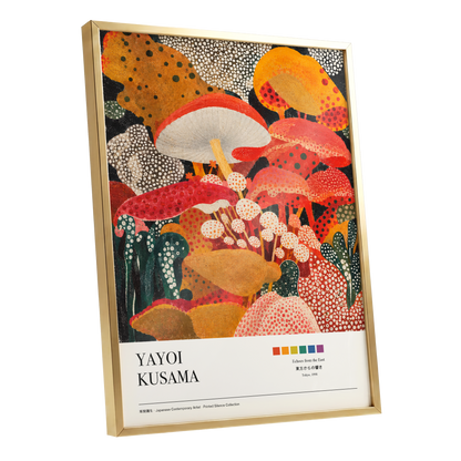 Polka-Dot Fungi Forest, red, orange, green nature wall art shown as a gold framed poster wall art print